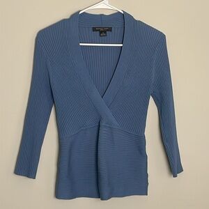 August Silk Knits Blue 3/4 Sleeve Faux Wrap Ribbed Sweater top- Medium